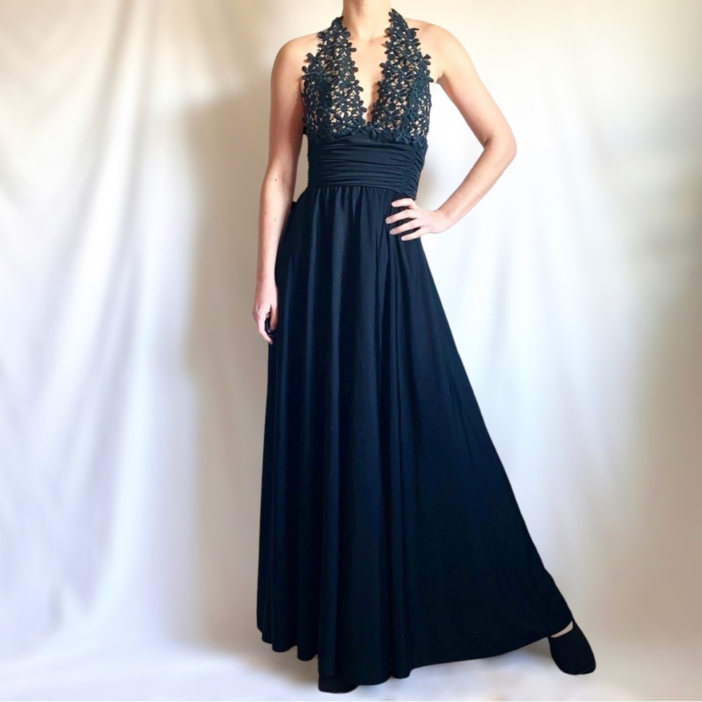 Vintage 70s Black & Floral Formal Party/Prom Dress - Picture 2 of 10